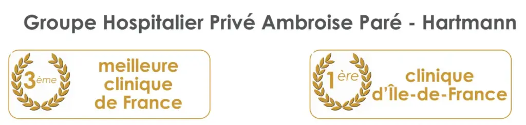 Award medal showing Ambroise Paré – Hartmann Private Hospital consistently ranked among France’s top private hospitals by Le Point, a leading French news magazine.